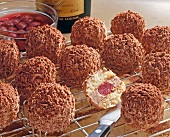 Close-up of hazelnut chestnut balls with brandy cherries