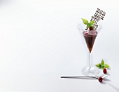 Chocolate ice cream, chocolate lattice and mint in glass on white background