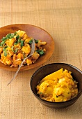 Steamed cauliflower on plate with eggs in spicy mango sauce in bowl