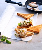 Soy fish crostini with ginger radish in pan