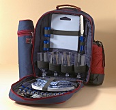 Open picnic backpack with plates, cutlery and glasses