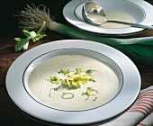 Suppen, Teller Rahmsuppe mit Lauchringen, Suppenkelle