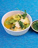 Vegetarisch, Lauch-KartoffelTopf mit Limetten-Petersilien-Püree