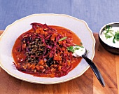Curried lentil red cabbage with ginger raita