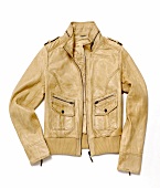 Beige coloured nappa leather jacket against white background