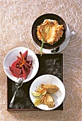 Pumpkin puree, beetroot and eggplant caviar in bowls