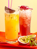 Passion fruit juice and grape juice with ice in highball glasses