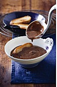 Chocolate soup with toasted bread in bowl
