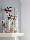 Blumen in Gläsern und Vase 