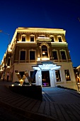 Illuminated facade of W hotel at night, Istanbul, Turkey