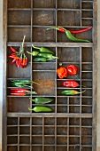 Various types of chillies, overhead view