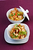 Pineapple and shrimp with red rice in bowl