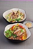 Udon noodles with sesame soba and tuna with peppers in bowls