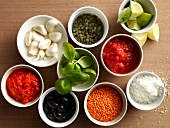 Different types of ingredients for sauces in bowls