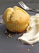 Close-up of muffin with applesauce cream