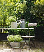 A garden chair in front of a table with zinc-plated watering cans and a bowl of herbs on a natural stone floor in a garden