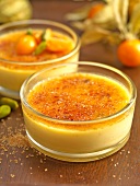 Creme brulee with passion fruit in glass bowl