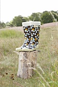 Pair of brown rubber boots with inserted cotton faceplate and polka dots on wood