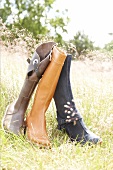Three brown and black leather boots in grass