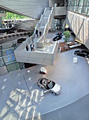 Elevated view of BMW Welt in transfer hall for new cars, Munich, Germany