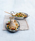 Pan grilled mushroom and herb with sea bass on tray