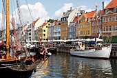 View of colourful buildings along with boats in Nyhavn, Copenhagen, Denmark