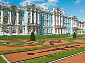 Facade of Catherine Palace of Tsarskoye Selo in Saint Petersburg, Russia