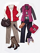 Men and woman quilted west style clothing, handbags and accessories on white background