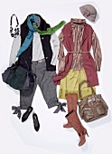 Men and woman winter clothing, handbags and accessories on white background