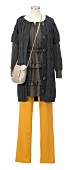 Tunic, yellow pants and gray cardigan on mannequin against white background