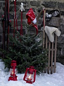 Christmas trees with lanterns and sleigh on snow