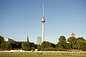 View of television tower against blue sky, Berlin, Germany