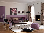 Living room with fireplace, purple sofa and furniture on white carpet