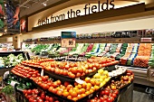 Fruits and vegetables in display with price label at Napa Valley, California, USA