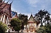 Facade of Wat Bang Phra temple and courtyard, Thailand