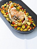 Meat with salt crust and braised vegetables