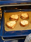 French toast with fry fruits on baking sheet in baking dish