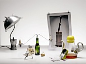 Various kitchen decorations against white background
