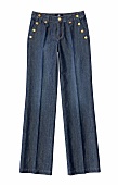 Dark blue bell bottom jeans with golden button on pocket against white background