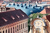 Elevated view of rooftops and art house with blue roof in Graz, Styria, Austria
