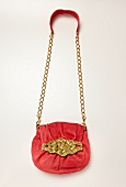 Leather bag with golden belt on white background