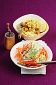 Pointed cabbage salad with curried mango, and cabbage salad with carrots and olives