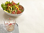 Arugula and mango salad with dried beef in bowl