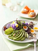 Baby Salad with avocado & quail eggs on plate