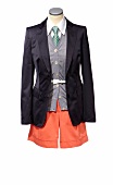 Dark blue blazer, striped cardigan, cotton shirt and bermuda on white background