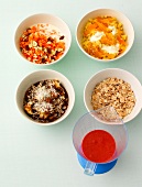  Various cereals in bowl, overhead view