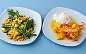 Beans with corn and coconut rice with crab on plates
