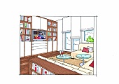 Illustration of living room with sofa, seating area and drawers