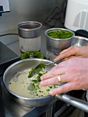 Frozen spinach mass is added to cream
