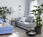 Living room with two chaise lounges, white wall apnels and green plants
